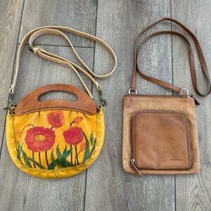 Crossbody Bag Bundle TWO Crossbody Small Leather Purses 1 Vintage Craft 1 Fossil